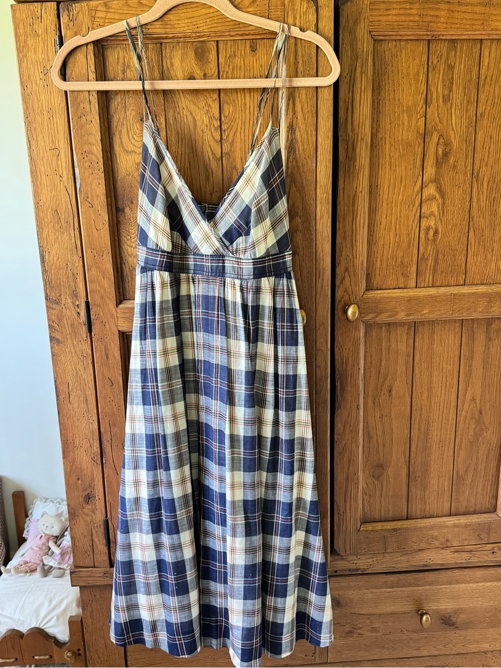 J. Crew Blue and Cream Plaid Midi Spaghetti-Strap Dress